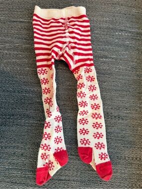 Hanna Andersson Red & Cream Holiday Floral Stripe Tights